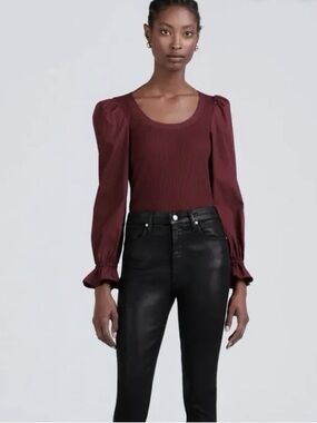 Derek Lam 10 Crosby Aishah Puff Sleeve Rib-knit Top Burgundy Maroon Blouse Small